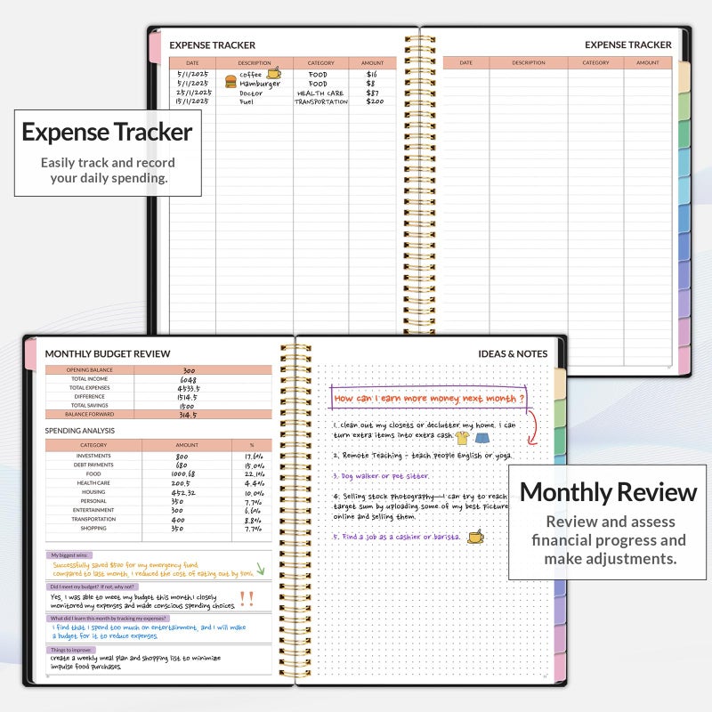ساني مخطط ميزانية SUNEE - كتاب ميزانية شهرية مع دفتر ملاحظات لتتبع النفقات، A4 (8.5 بوصة × 11 بوصة) منظم فاتورة غير مؤرخ لمدة 12 شهرًا ومخطط مالي لإدارة أموالك، دفتر حسابات مع علامة تبويب ملونة، أسود - Image 4